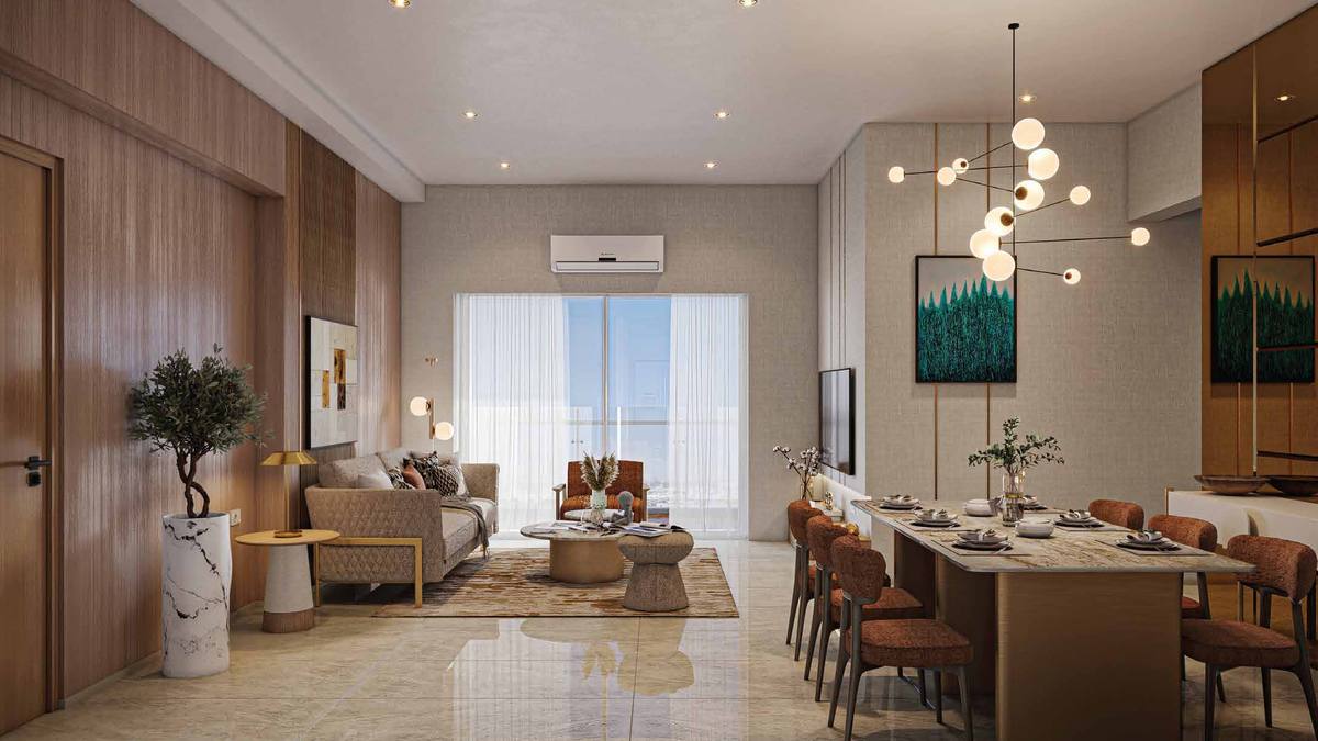 Living and dining room of a 4 BHK home